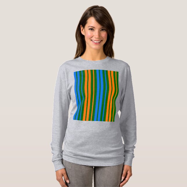 Grön Orange Blå Vertikalt Randigt Mönster   T Shirt (Hel framsida)