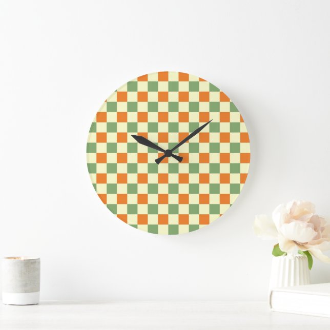 Grön Orange Brun Rutig Gingham Mönster Stor Klocka (Hem)