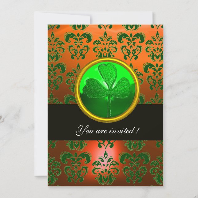 GRÖN ORANGE DAMASK MED SHAMROCK,svart Inbjudningar (Framsida)