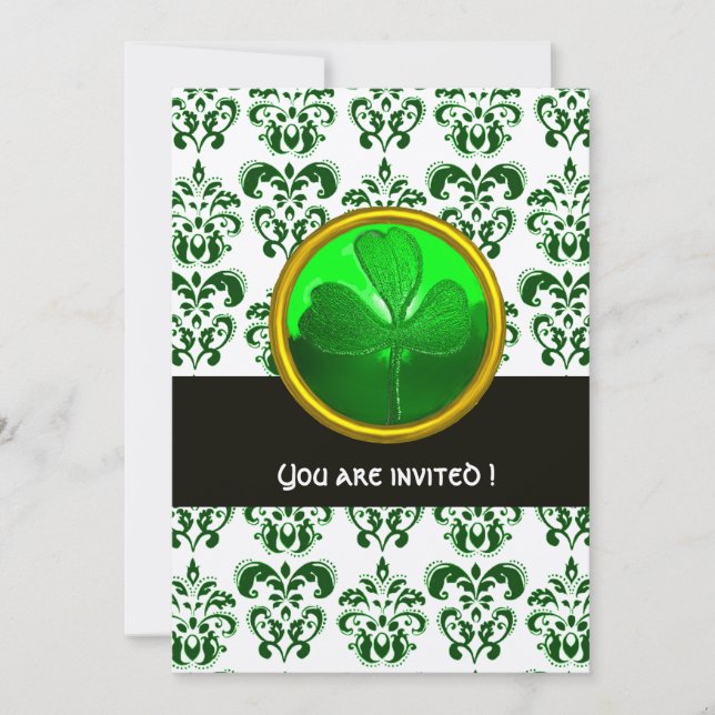 GRÖN ORANGE DAMASK MED SHAMROCK Svart Vit Inbjudningar (Framsida)