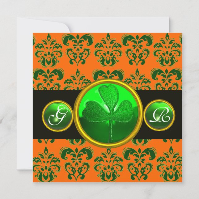 GRÖN ORANGE DAMASK, SHAMROCK-MONOGRAM svart Inbjudningar (Framsida)