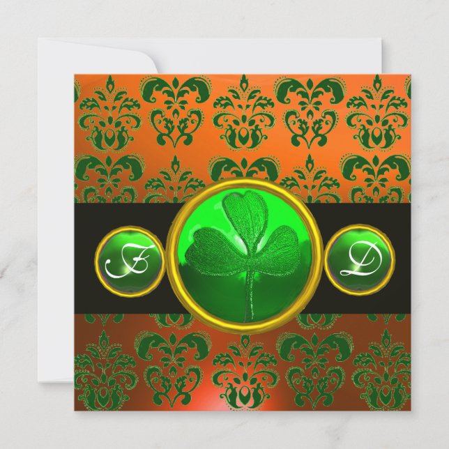 GRÖN ORANGE DAMAST ,SHAMROCK MONOGRAM svart Inbjudningar (Framsida)