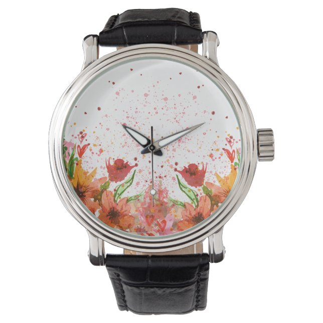 Grön & Orange Modern Abstrakt Blommig Armbandsur (Framsida)