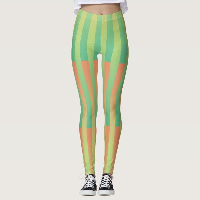 Grön Orange Randigt Mönster Leggings (Framsida)