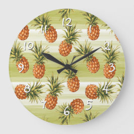 Grön Orange Tropisk Ananas Frukt Mönster Stor Klocka