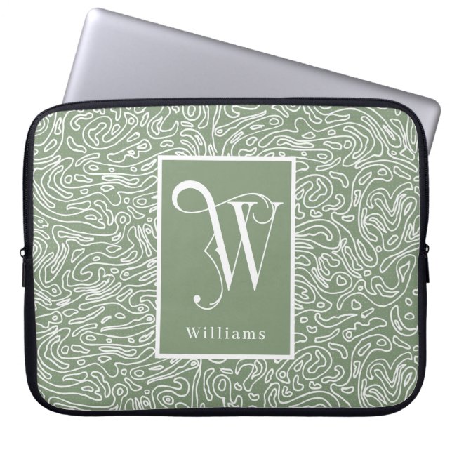 Grön Organisk Mönster Monogram, Efternamn  Laptop Fodral (Framsidan)