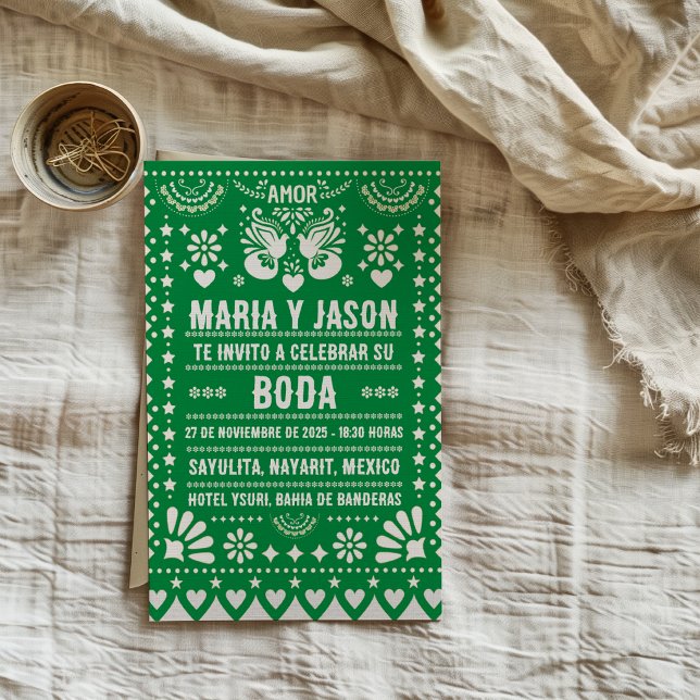 Grön Papel Picado Fiesta Folk Art Spansk Bröllopsi Inbjudningar (Green Papel Picado Fiesta Folk Art Spanish Wedding Invitation)
