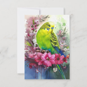 Grön parakit och blomningar tack kort