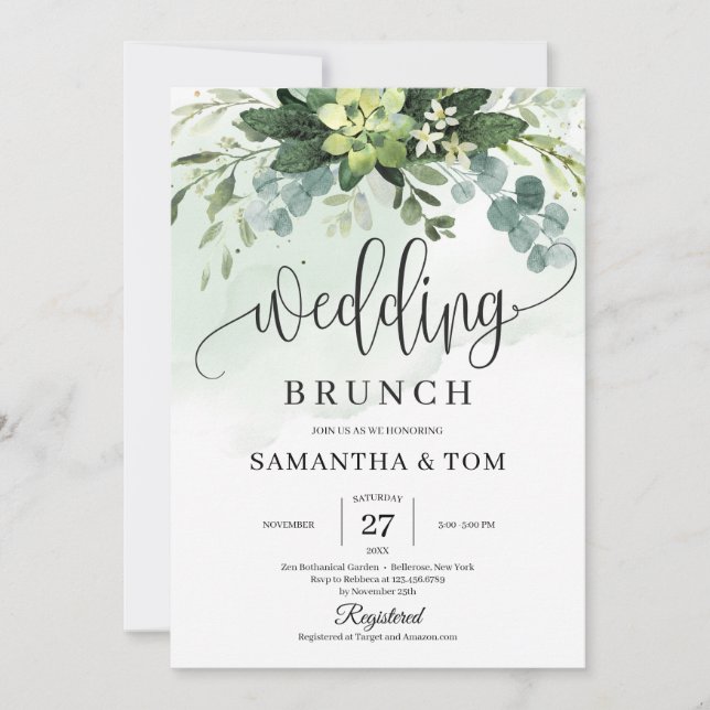 Grön pastell akvarell suckulent bröllopsbrunch inbjudningar (Framsida)