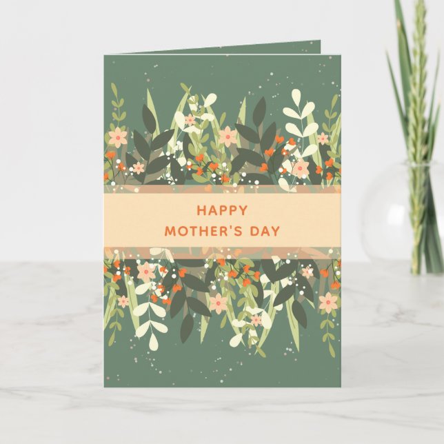 Grön Persika Minimalistisk Blommig Band Morsdag Kort (Framsida)