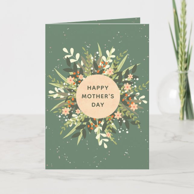 Grön Persika Minimalistisk Blommig Krans Mors Dag Kort (Framsida)