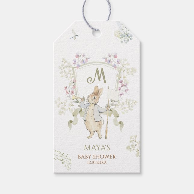 Grön Peter Kanin Monogram Kön Baby Shower Presentetikett (Framsidan)