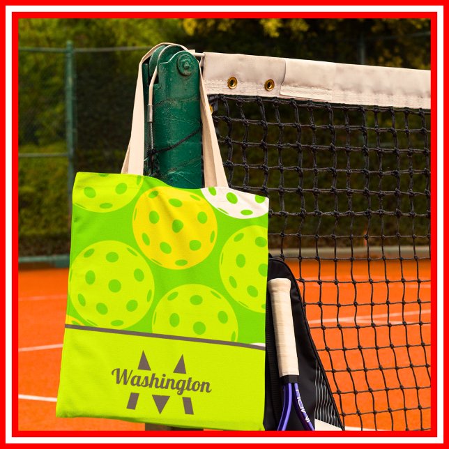 Grön Pickleball Cool Modern Monogram Tygkasse (Green Pickleball Cool Modern Monogrammed Tote Bag)