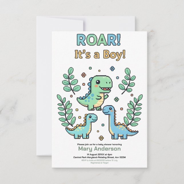 Grön Pixelartad Dinosaurie Baby Shower fest för po Inbjudningar (Framsida)