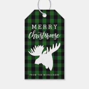 Grön pläd glada Christmoose Presentetikett