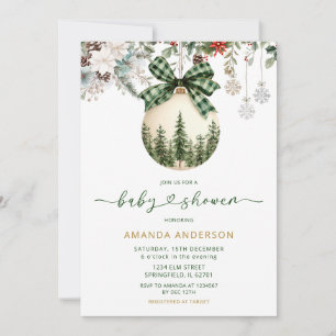 Grön Plaid Bow Floral Vinter Ornament Baby Shower Inbjudningar