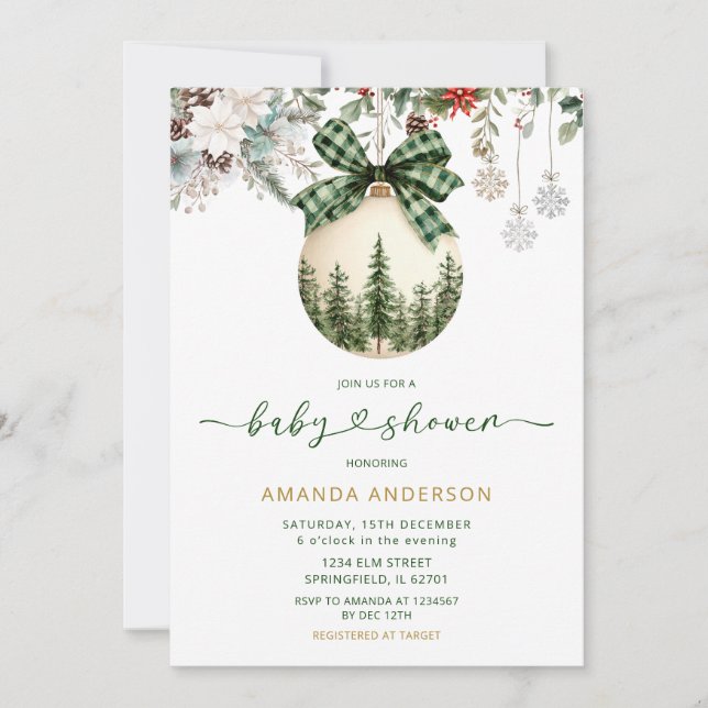 Grön Plaid Bow Floral Vinter Ornament Baby Shower Inbjudningar (Framsida)