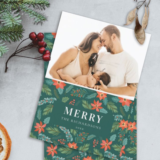 Grön Poinsettia Gladast julmönster Foto Julkort (Skapare uppladdad)