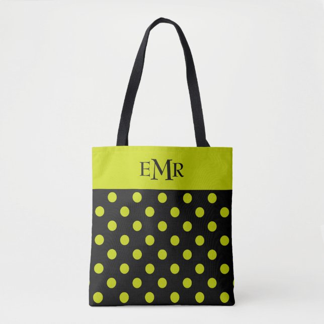 Grön polka dots för limefrukt på svart Monogram Tygkasse (Framsida)