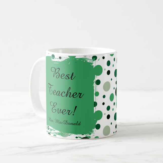 Grön prickig bästa lärare någonsin present kaffemugg (Framsida vänster)