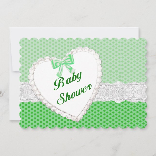 Grön prickig spets hjärta baby shower inbjudan (Framsida)