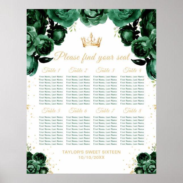 Grön prinsessa Sweet Sixteen Placeringsplan Poster (Framsidan)