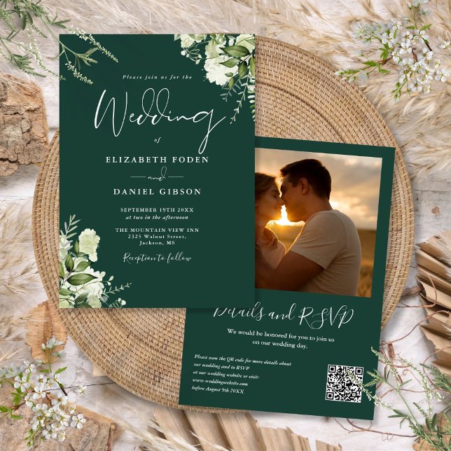 Grön QR-kod Foto Smaragdgrön Bröllopsdekoration Inbjudningar (Greenery QR Code Photo Emerald Green Wedding Invitation)