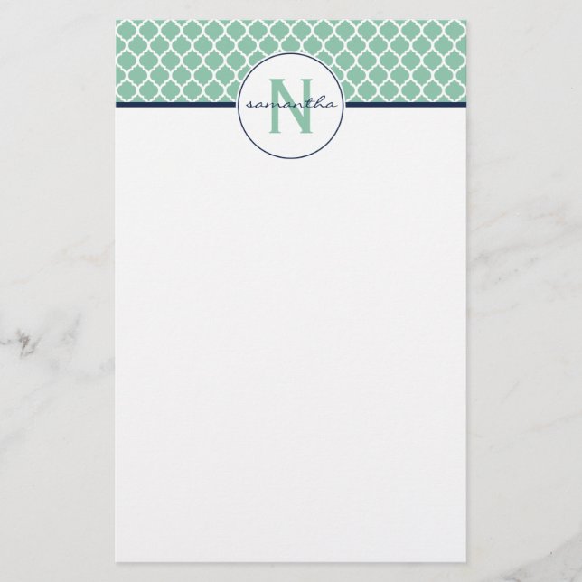 Grön Quatrefoil för Mint Monogram Brevpapper (Framsida)