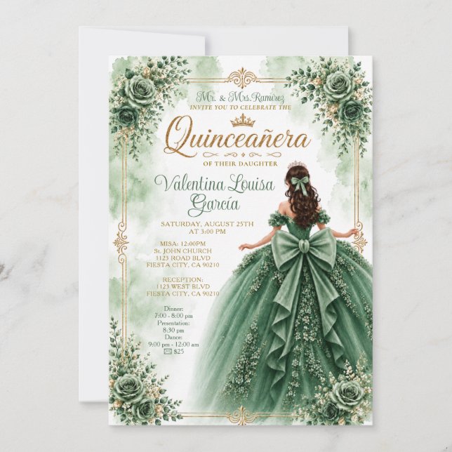 Grön Quinceañera Prinsessa Båge Klänning Blommig Inbjudningar (Framsida)