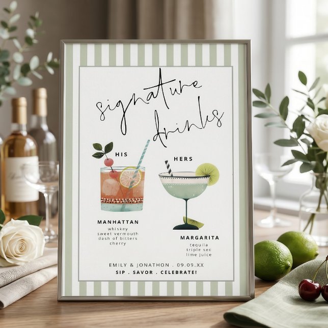 Grön randig bar Signaturdrinkar Cocktailkort Inbjudningar (Skapare uppladdad)