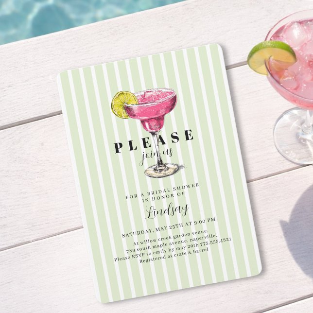 Grön randig cocktail bröllopsfest för bruden inbjudningar (Green Stripe Cocktail Bridal Shower Party Invitation)