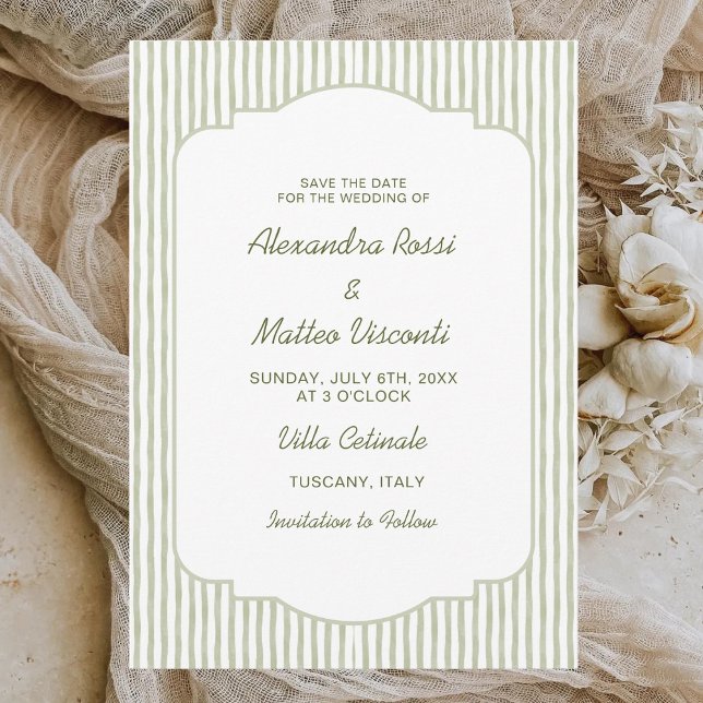 Grön randig Save the Date Elegant Script Bröllop Inbjudningar (Skapare uppladdad)
