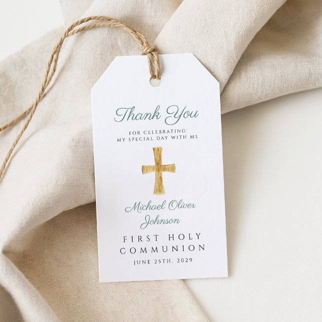 Grön Religiös Kors Första Nattvarden Tack Presentetikett (Green Religious Cross First Communion Thank You Gift Tags)