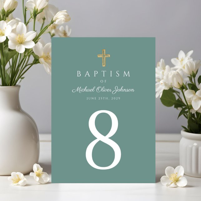 Grön Religiös Kors Pojke Dop Bordsnummer (Green Religious Cross Boy Baptism Table Number)