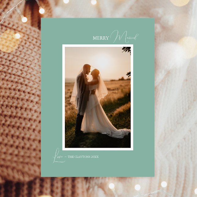 Grön Retro Boho Minimalist Merry Gift Porträtt Julkort (Skapare uppladdad)