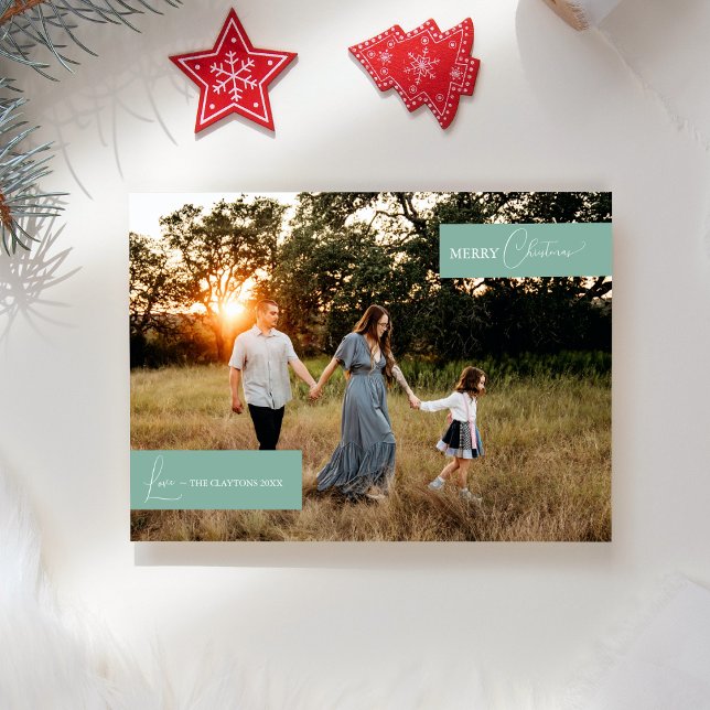 Grön Retro Boho Minimalistisk Familj Nyhets Foto Julkort (Skapare uppladdad)