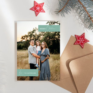Grön Retro Boho Minimalistisk Familjeporträtt Julkort