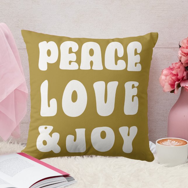 Grön Retro Groovy Fred Kärlek Glädje Semester  Kudde (Green Retro Groovy Peace Love Joy Holiday Throw Pillow)