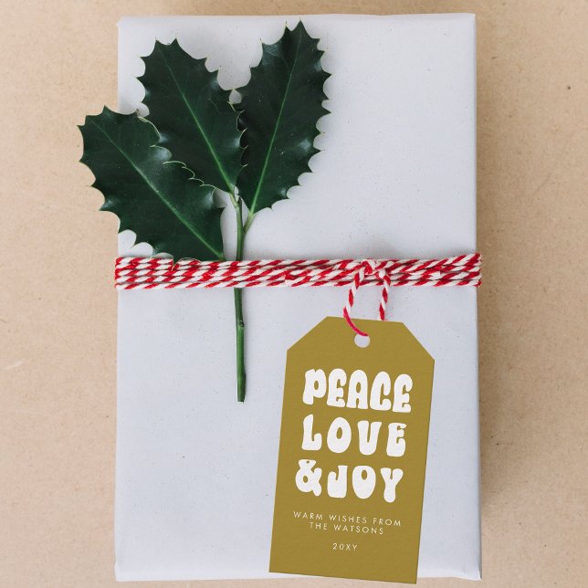 Grön Retro Groovy Fred kärlek Glädje Semester Presentetikett (Green Retro Groovy Peace Love Joy Holiday Gift Tags)