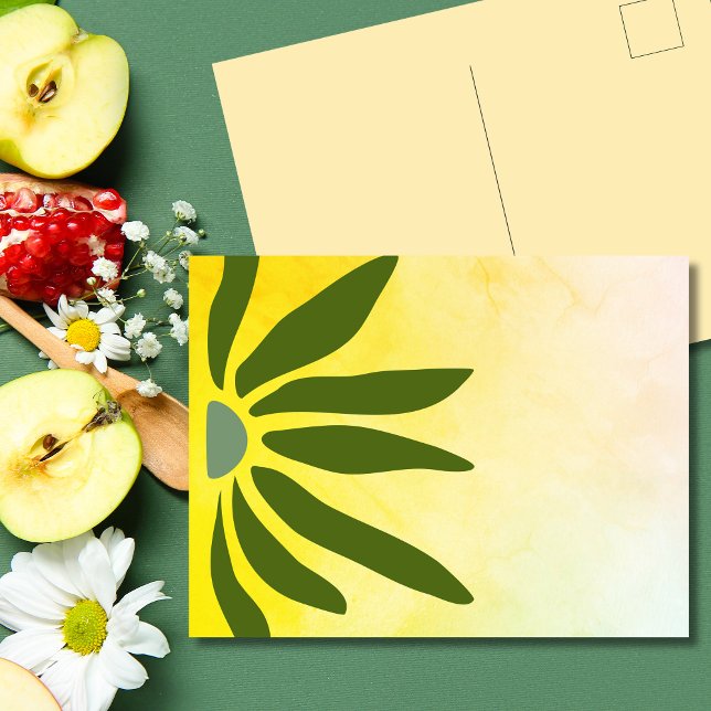 Grön Retro Mod Geometrisk Blomma Vykort (Earthy olive petals with a bright watercolor twist.)