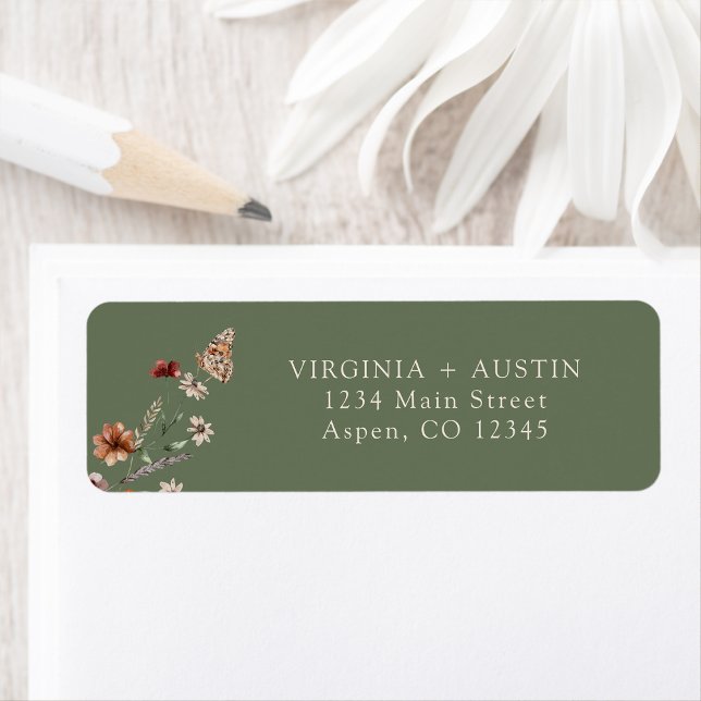 Grön returadressetikett för bröllop returadress etikett (Boho Sage Green Wedding Return Address Label with Butterfly by Painted Paperie
)