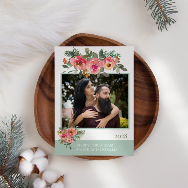 Grön Röd Blommig Lägg Till Eget Foto Jul Julkort (Skapare uppladdad)