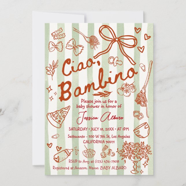 Grön Röd Ciao Bambino Italienska Inbjudningar (Framsida)