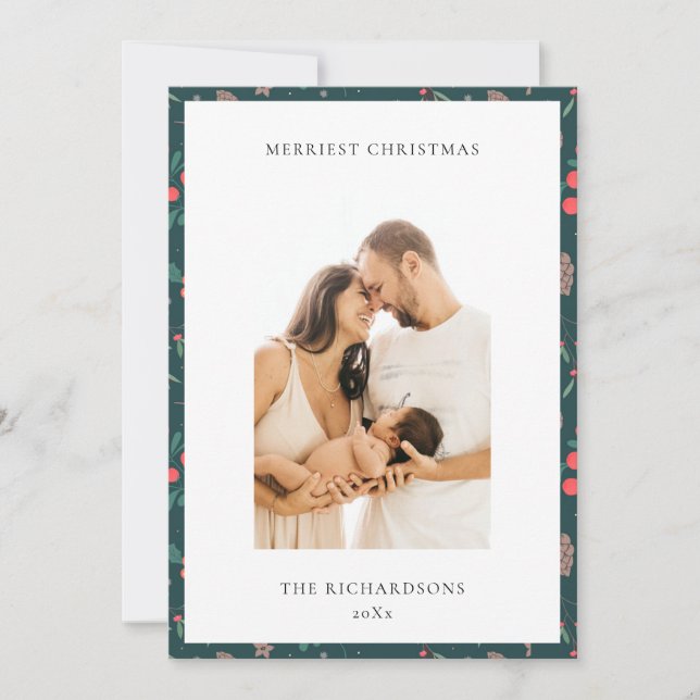 Grön Röd Glad Jul Blommönster Foto Julkort (Framsida)