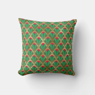 Grön Röd Guld Art Deco Fläktmönster Kudde