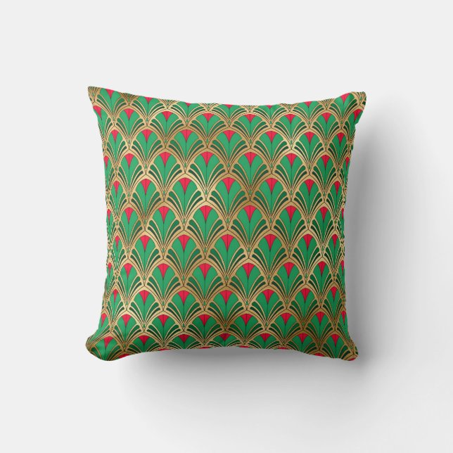 Grön Röd Guld Art Deco Fläktmönster Kudde (Framsida)