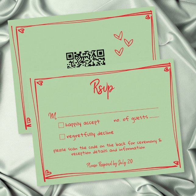 Grön Röd Handritad Hjärtformad Whimsical Bröllops  OSA Kort (Green Red Hand Drawn Heart Whimsical Wedding QR RSVP Card)