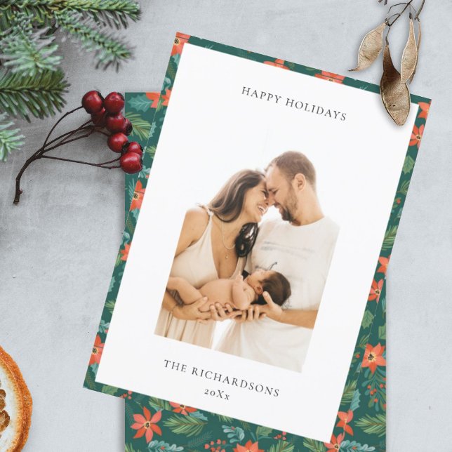Grön Röd Jul Floral Mönster Foto Glad Julkort (Skapare uppladdad)