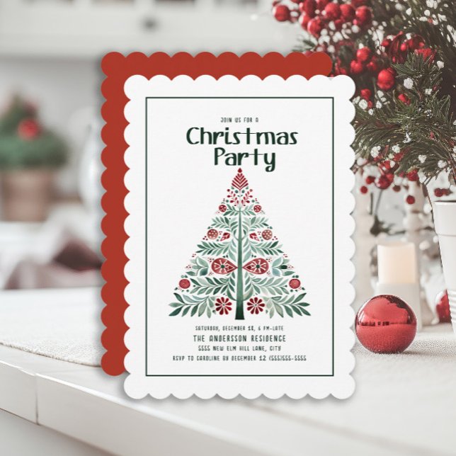 Grön röd julgran scalloped fest inbjudningar (Red and green Scandinavian tree Christmas party invitation)