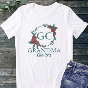 Grön & röd rosblomma monogramnamn Mormor T Shirt